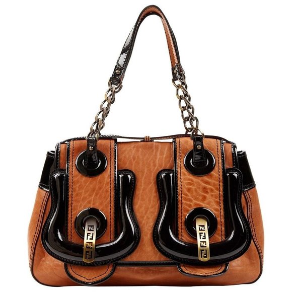 Fendi Handbags - Vintage FENDI Caramel & Black Patent Leather Croc-Effect Chain Top Handle B Bag